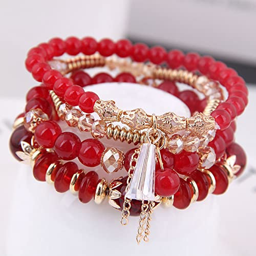 Grünes Kristallkorn-Seil-Armband-Frauen-Mädchen-elastisches Wickel-Armband,Rot