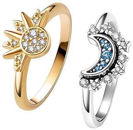 UNE DOUCE Celestial Sun and Moon Ring Set, Sparkling Sun Ring/Blue Moon Ring with 14k Gold/Silver Plating, Friendship Promise Ring, Stackable Celestial Rings, Gift for Women