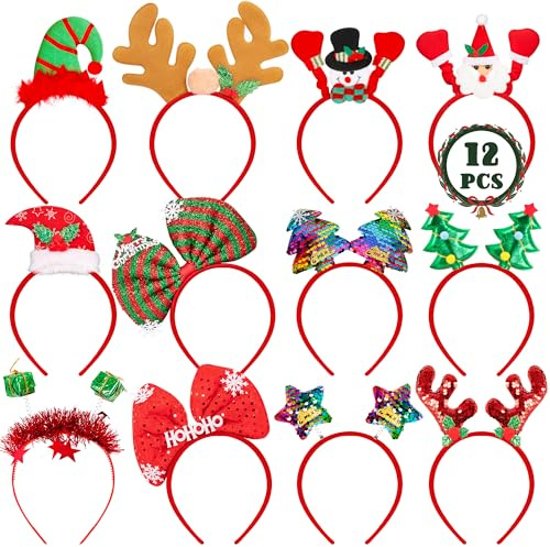 HOVACY 12 Stück Weihnachts-Stirnbänder, niedlicher lustiger Weihnachts-Kopfaufsatz, verschiedene Designs, Weihnachtsmannmütze, Schneemann, Rentiergeweih, Schleife, Kobold, Hut, Kopfschmuck für Frauen,