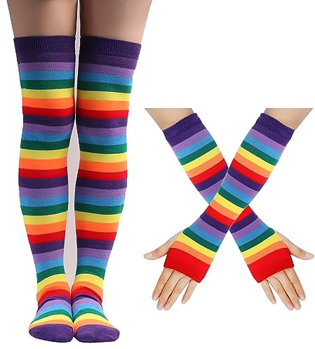 Wambere Damen Kniestrümpfe Regenbogen Gestreifte Oberschenkelhohe Socken Lang Fingerlose Handschuhe Set für Frauen Mädchen für Maskerade Weihnachtsfeier Party Stützen Kostüm Halloween,Lila