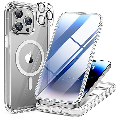 Miracase Magnetic for iPhone 15 Pro Max Case, Full Body Protection, Clear | [Built-in 9H Tempered Glass Screen Protector + Camera Lens Protector] Compatible with MagSafe, Military Grade Drop Proof 6.7