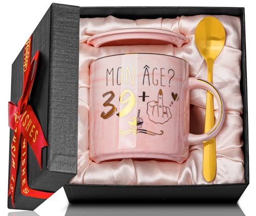 Cadeau Anniversaire 40 Ans Femme, Cadeaux Personnalisé Femme 40 Ans | Café En CéRamique De 400ml Avec Impression D'Or,Boîte Cadeaux Avec Cuillère,Couvercle,Carte de Vœux,Lave-vaisselle Sécurité