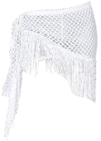 Paowsietiviity Damen Bauchtanz Hüfttuch Pailletten Tanzgürtel Quaste Rock Gürtel Königsblau, 140x41cm, Weiß, 140 x 41 cm, 140x41 cm