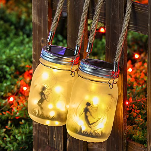 2 PCS Solar Fairy Lanterns Outdoor,30 LED Frosted Glass Mason Jar Light,Hanging Decoration Lights for Outdoor Courtyard Lawn,Terrace,Home Decor,Women Holiday Gifts
