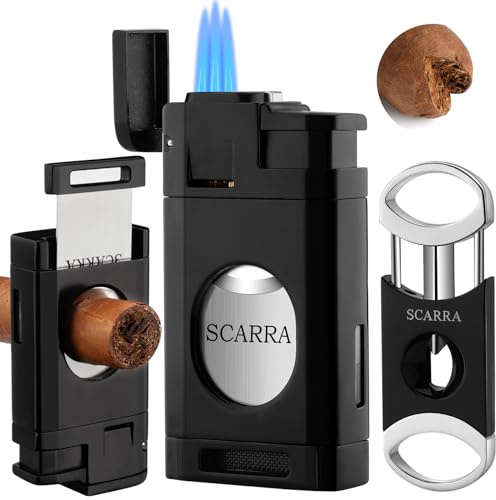 SCARRA Cigar Lighter，Multi-Function Torch Lighter and Cigar Cutter V Cut Set, Perfect Cigar Gift for Men, Windproof Triple Jet Flame Refillable Butane Lighters for Smoking Premium Cigar Accessory Kit