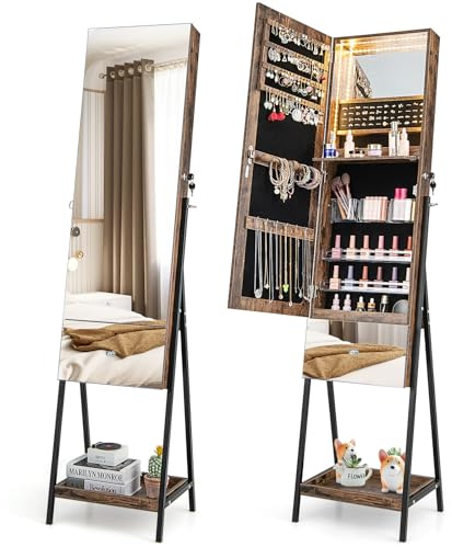 RELAX4LIFE Schmuckschrank mit Spiegeln, Spiegelschrank mit 3 farbigen LEDs, Schmuckorganizer mit Schublade & Ablage, Schmuckregal Abschließbar, für Schlafzimmer Wohnzimmer (Rustikales Braun)