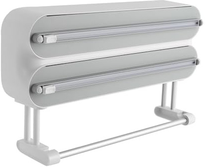 Begoniape Folienspender Frischhaltefolienspender mit Papierhandtuchhalter 3 in 1 Folienschneider Küchenrollenhalter aus Aluminium Wandrollenhalter für 31cm Lange Frischhaltefolie