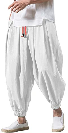 Harem Pants Mens Cotton Linen Trousers Baggy Casual Pants Wide Leg Drawstring Pirate Costume Hippie Clothes Cuffed Cargo Joggers Elasticated Waist Trousers White