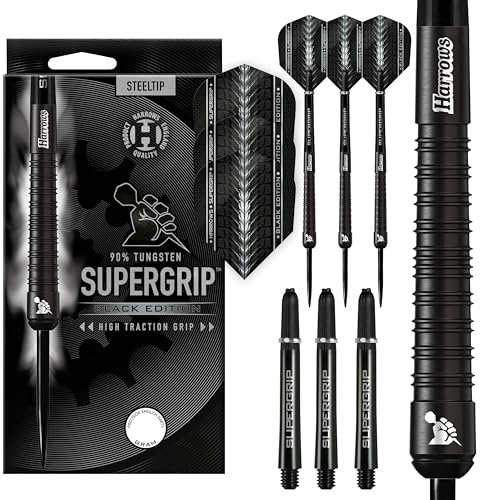 Harrows SUPERGRIP Black Edition Dartset mit 90% Wolframstahlspitze. Erhältlich in 21 g, 22 g, 23 g, 24 g, 25 g, 26 g, 28 g und 30 g – inklusive Supergrip-Schäften und Supergrip-Flights