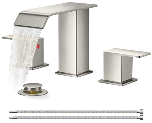 FORIOUS Widespread Bathroom Sink Faucet 3 Hole Brushed Nickel, 2 Handles Waterfall Bathroom Faucet with Metal Pop-up Drain and 24 Hot and Cold Water Hoses, Suitable for Vanity RV Restroom