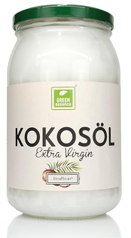 Kokosöl Kaltgepresst Nativ im Glasgefäß 900ml Kokosnussöl von Green Essence | Kokosnuss duftendes Öl, Im Bügelglas, Zum Kochen Backen, Körperpflege, natürlich unraffiniert Extra Virgin Kokos öl, 900ml