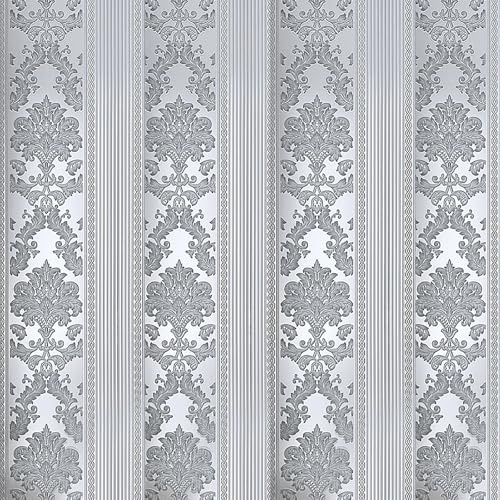 Baketron Luxury Grey Damask Wallpaper Metallic Silver Grey Luxury Floral Embossed Flock Textured Wallpaper Roll for Bedroom Adults Livingroom Hallway and Stairs
