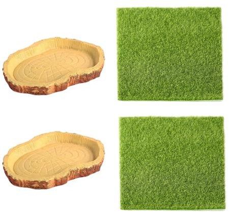 2 cuencos de alimentación para tortugas, 2 piezas de césped simulado, cuenco pequeño para tortugas, cuenco de alimentación para reptiles, cuenco de imitación de corteza, cuenca de agua, accesorios de
