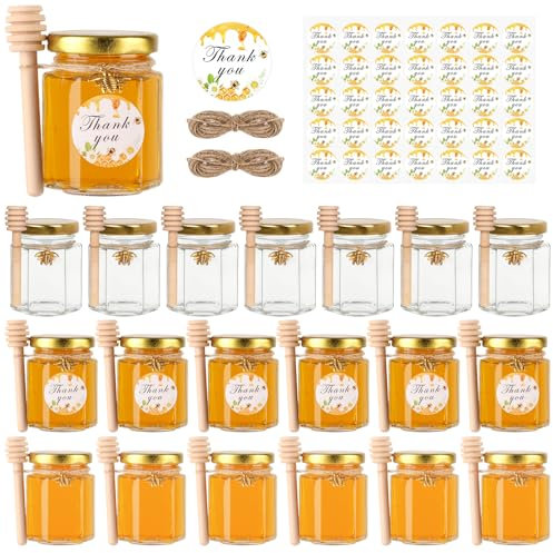 BIGIVACA Lot de 20 mini pots à miel hexagonaux en verre de 85 g avec couvercles dorés, pendentifs abeilles, jutes, 35 autocollants en forme d'abeille, parfaits pour une fête prénatale, un mariage, une