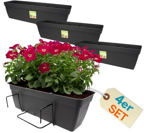 GarPet 4er Set Blumenkasten Balkongeländer Balkon Blumenkasten Balkonkasten mit Halterung Balkonkasten Geländerkästen mit Wasserspeicher 50 cm