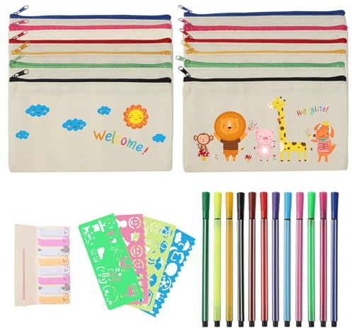 12 Stück Bemalen de Leinwand Federmäppchen, Stoffbeutel Mäppchen zum Bemalen, Kleine Taschen zum Bemalen Kinder, Federmäppchen Basteltaschen mit Buntstift, Blanko Kosmetiktasche aus Canvas für DIY