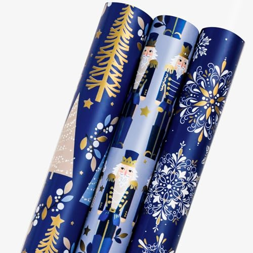 Wikadlik Blaues Weihnachts-Geschenkpapier - 3 Mini-Rollen - 43,5 cm x 3 m pro Rolle - Niedliches Nussknacker/Weihnachtsbaum/Schneeflocke/Rentier Design Geschenkpapier