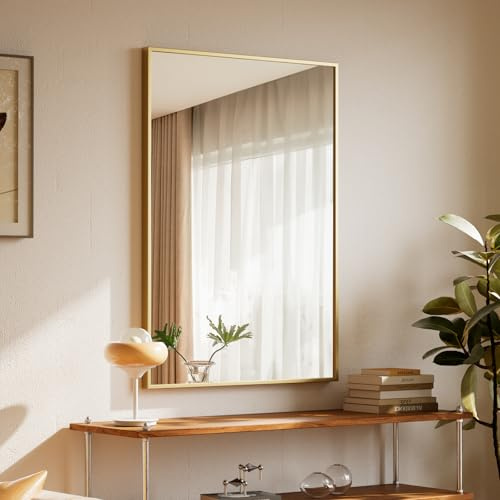 BEAUTYPEAK 81x61cm Rechteckiger Wandspiegel mit Gold Rahmen, HD Spiegel | Badezimmerspiegel mit Haken an der Rückseite, Bruchsicherer Wandspiegel für Bad, Schlafzimmer, Wohnzimmer, Bathroom Mirror