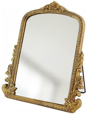 Feyarl Vintage Gold Makeup Mirror Floral Tabletop Vanity Desk Mirror with Stand Decor Wood Framed Decorative Mirror for Dressing Room Living Room Bedroom Home Wedding Deco