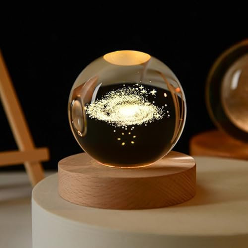 LXLUOO Sfera di cristallo 3D, 60 mm, sfera decorativa in vetro di quarzo con base in legno, decorazione per la casa, regalo per donne, amiche e ragazze (galassia della Via Lattea)