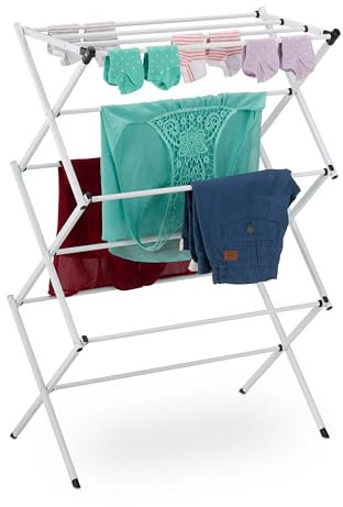 Relaxdays Stendibiancheria Verticale, Stendino Pieghevole a Torre con 11 Aste per Vestiti, 105x73x37 cm, Metallo, Bianco, Acciaio