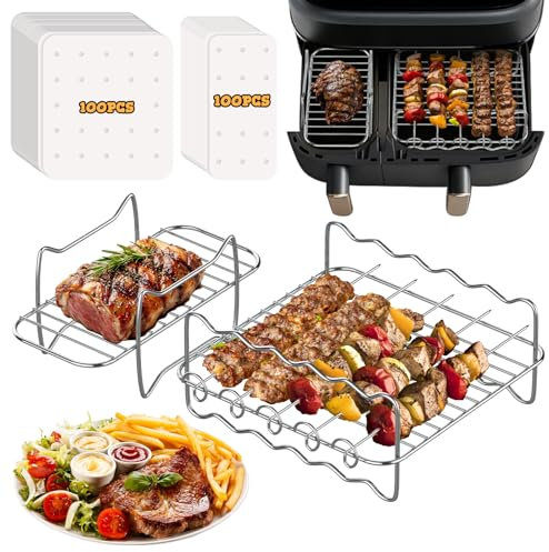 FHzytg Airfryer Zubehör Grillrost für Philips Dual Basket Airfryer 3000-Serie 6L/3L, 2 Stück Luftfritteusenständer und 200 Backpapier, Heißluftfritteuse Zubehör für Philips Airfryer Dual Basket 3000