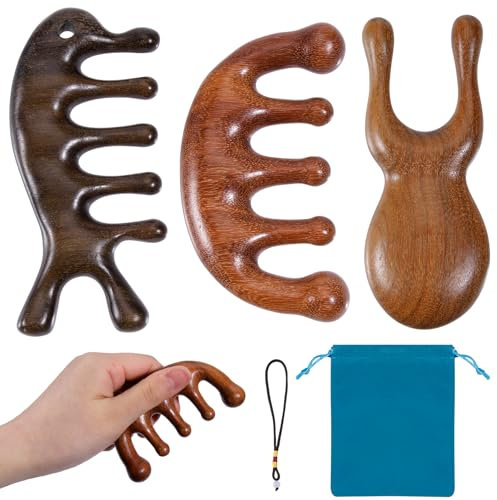 ZPTEE Wooden Scalp Massager Set for Migraine Relief – 3-Piece Head Spa Tools Kit, Natural Head & Eye Massager with Lanyard and Blue Travel Bag | Gentle Lymphatic Massage