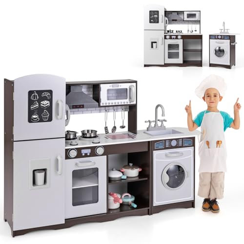 COSTWAY Cocina Juguete para Niños, Cocinita Infantil con Luz y Sonidos, Fogón, Fregadero, Máquina de Hielo, Microondas, Lavadora, Campana extractora, Teléfono, Accesorios, para Niños de 3+ Años