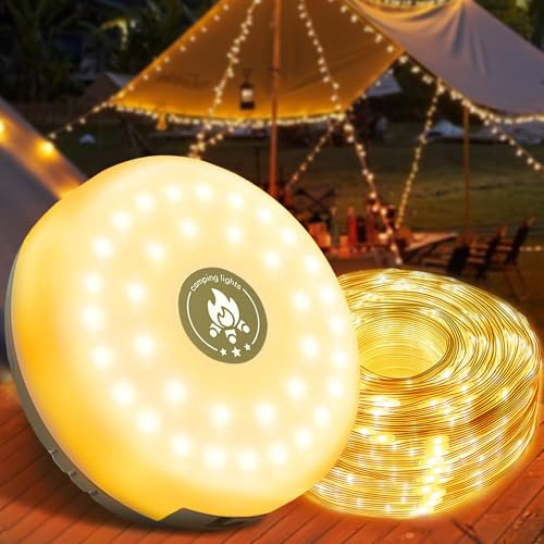 TLDNZXY Camping Lichterkette Aufrollbar 10M, 4-in-1 Campinglampe Aufladbar LED Mit 8 Beleuchtungsmodi, 2000mAh Wasserdichte Tragbare Camping Lichterkette Geschenke für Drinnen/Draußen (Warmes Licht)