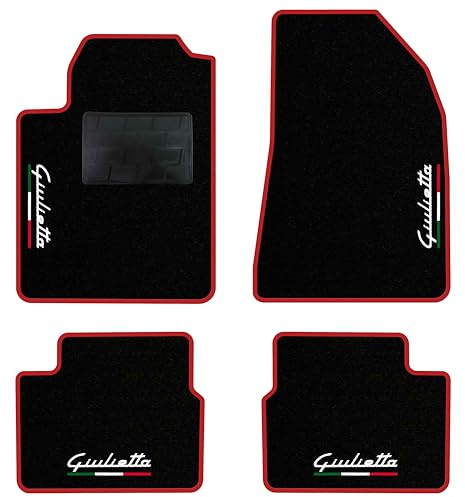 QUEMAR Tappetini Auto per Giulietta TRICOLORE, Bordo Rosso, 4 Ricami | 2010-2016 / Kit Tappeti Moquette e Gomma su Misura / Set 2 Anteriori + 2 Posteriori / Ricami e Colori Personalizzati