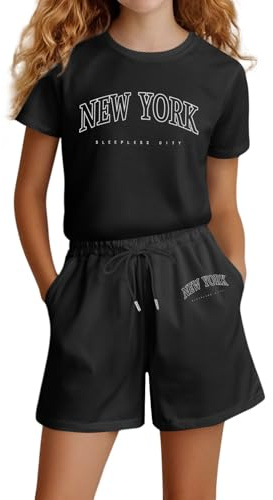 Vuncio Ensemble Enfant Fille été Pas Cher Tee Shirt Manche Courte Et Short Taille Elastique Ample Vêtements Ado Fille Chic Confortable Casual Sport Jogging Vacances 4-14 Ans