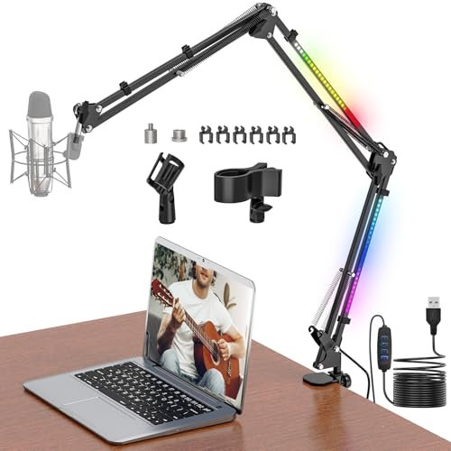 Jubor Bras de Micro avec Lumière RVB, Bras Micro Pieds Réglable de Bureau avec Adaptateur 1/4 à 5/8, Suspension Supports de Microphone avec Pince pour TikTok, Streaming, Studio Enregistrement