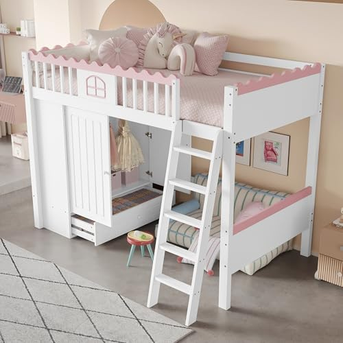 Rvjiahe Hochbett, Einzelbett (ohne Matratze), Kinderbett mit LED-Lichtern, mit Kleiderschrank, mit Stauraum, EN747 zertifiziert, Kiefernholz (Weiß, 90cm×200cm)