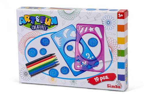 Simba Art & Fun Set Malschablonen – Kreativset mit 2 Schablonen, 7 Schablonenrädern, 6 Markern & 4 Zeichenblättern, Mal- und Zeichenset für Kinder ab 3 Jahren