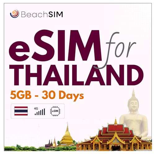 BeachSIM Thailand eSIM 30 Tage. 5 GB Datenvolumen mit 4G/5G-Netzen. Einfaches Aufladen. Funktioniert auf eSIM-kompatiblen iOS- und Android-Geräten. Schnelle Aktivierung. Nur Daten.