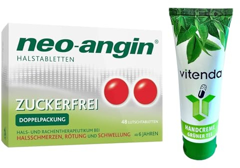 neo-angin® Halstabletten zuckerfrei – Lutschtabletten gegen Halsschmerzen 48 Stück inclusive einer Handcreme von vitenda - mit antiseptischer Wirkung und kühlendem Effekt