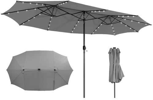 GOPLUS Parasol de Jardin Exterieur avec LED, 4,7x2,8M Grand Parasol Double Face avec Manivelle, 12 Baleines, Protection Solaire, pour Terrasse Blacon Piscine, Pied Requis (Gris)