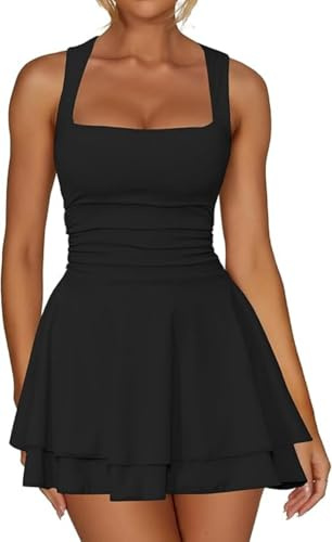 Sukiglam Damklänning, sexig ärmlös fyrkantig urringning, miniklänning, snäv kort klänning, bodycon sommarklänning, tankklänningar, elegant, figurnära festklänning, dubbelskiktad volangklänning