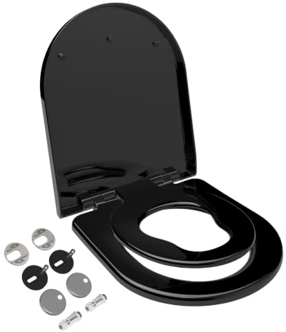 TODOT Abattant WC Familial Forme en D, Lunette de Toilette avec Siège Enfant Magnétique, Frein de Chute et Charnière Réglable, Siège de Toilette pour Adultes et Enfants, Démontage Rapide - Noir