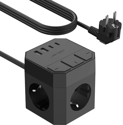 JSVER Regleta Enchufe USB C, Cubo Regleta de 3 Tomas con 3 Interruptor Individualcon, 2C+2A Alargadera Electrica(3680W 16A) Cable 3m-Negro