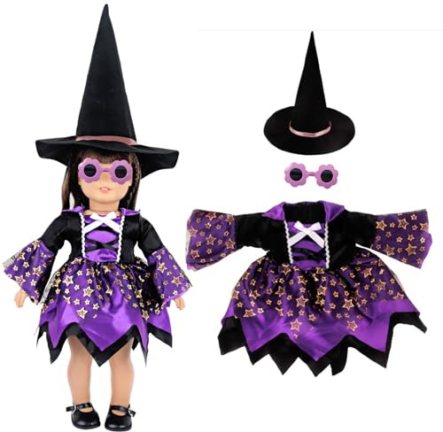 Halloween Puppen Zubehör,Hexenkleid mit Sonnenbrille und Hexenhut, Puppenkleid für 43 cm Puppen