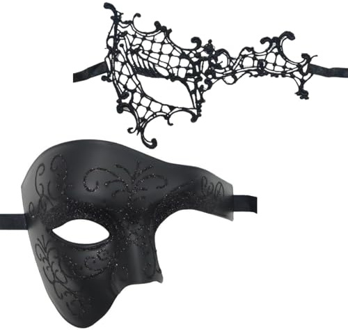 KZOQR 2 pcs Masque de Halloween bal masqué vintage fantôme de l'opéra un œil demi-visage costume Pour Homme, Femme, Bal, Fête