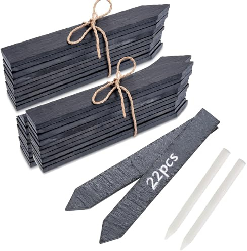 Houbobo 22Pcs Slate Plant Labels, Outdoor Waterproof Plants Labels with 2 Talcum Pens, Natural Slate Garden Signs, Reusable Plant Tags for Vegetables, Seed, Herb and Flower Pots (15x2cm)