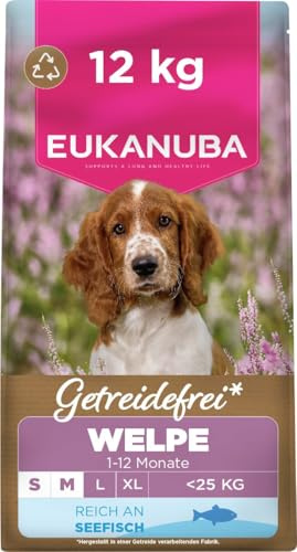 Eukanuba Valpfoder spannmålsfritt med fisk för små och medelstora raser, premium torrfoder utan spannmål för junior hundar, 12 kg