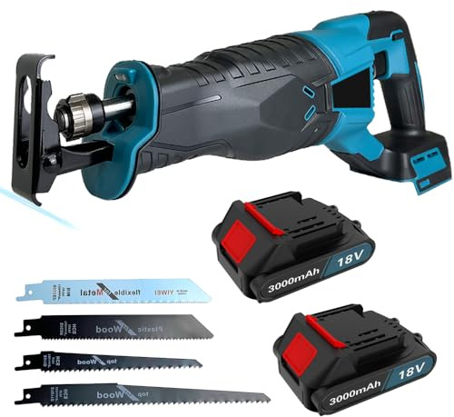 Professional Akku Säbelsäge mit 2x 3000mAh Akkus, Ersatz für Makita DJR186ZK, Kabellose Reciprosäge Fuchsschwanz Säge Elektrisch Tigersäge, für Sägearbeit mit Holz/Stahl, 32 mm Hublänge