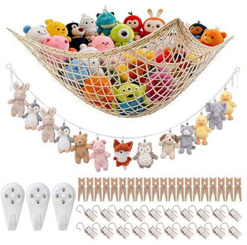 Xialvyu Kuscheltier Aufbewahrung, Kuscheltier Netz mit 2M Hängender Stofftier Halter, 20 Metallklammern, 20 Holzklammern, Plüschtier Stofftier Aufbewahrung für Kinder Zimmer Möbel