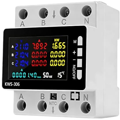 GOMETY Contador de corriente digital de 3 fases AC 85-290 V 0-80 A, 9 en 1, contador de corriente trifásica, carril de corriente, medidor de corriente alterna, protección contra sobretensiones