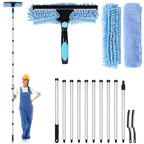 Kit de limpieza de cristales 2 en 1 con barra telescópica de 3,85 m, paños de microfibra y cepillos para grietas, ideal para ventanas altas, coches y ventanas, fácil de usar y seguro
