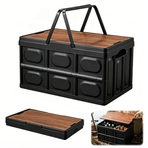 Zinueen Caja plegable resistente de 30 l para acampada, con tapa, 43 x 30 x 24 cm, organizador para maletero y cesto de picnic, caja robusta de polipropileno con tapa de madera (negro)