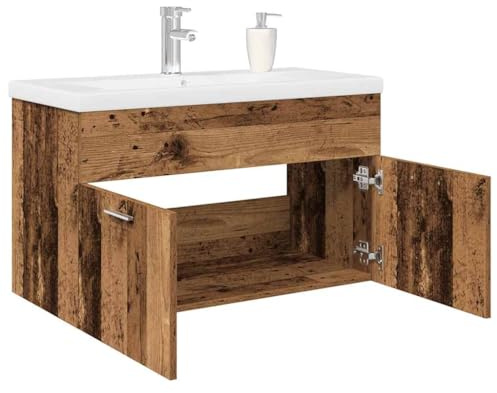 LoogCape Basin Cabinet Made of Wood Material with Built-in Basin and Tap, Reclaimed Wood Look, 80 x 38.5 x 46 cm, Bathroom Furniture Set for Washbasin, Storage Space and Organisation in the Guest